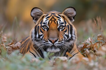 Obraz premium A tiger sits in grass, looking directly at the camera