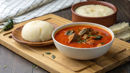 Delight in a traditional banga soup served with soft fufu on a handcrafted wooden platter