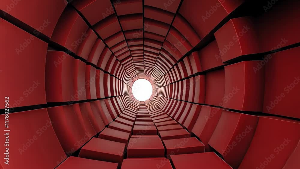 Poster spinning red smooth blocks inside a tunnel create a mesmerizing infinite effect, 3d tunnel spinning 
