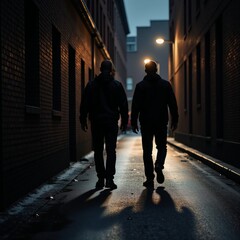 Shady figures lurk menacingly amidst damp city alleys during a stormy night