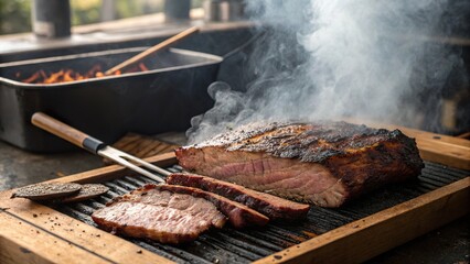 Savoring the smoky essence of perfectly cooked brisket resting on a grill