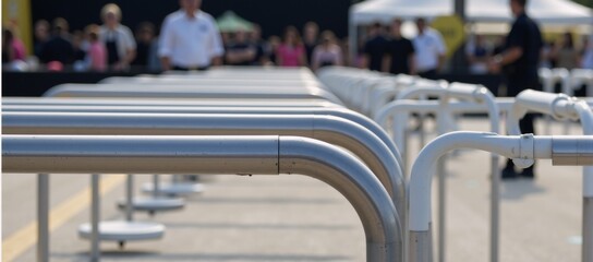 Obraz premium Security personnel monitoring a crowded outdoor event with focus on visible crowd control barriers for safety precautions