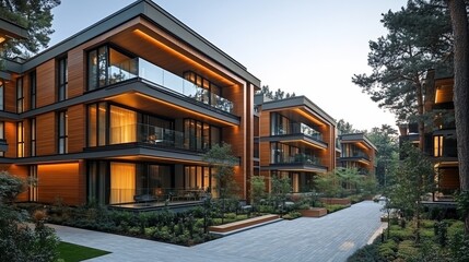 Obraz premium Modern Wooden Apartment Complex Evening Illumination