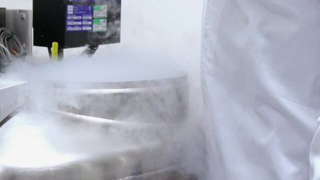 Scientist opening cryogenic storage tank in laboratory