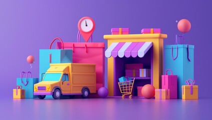Shopping Spree: Colorful 3D Illustration of Online Shopping