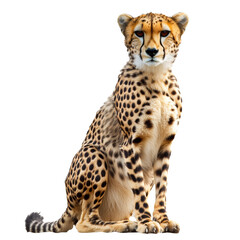 Cheetah in a serene pose against white background