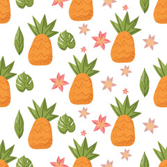 Seamless tropical pattern featuring pineapples, green leaves, and pink flowers on a light blue background. Perfect for summer designs, textiles, packaging, and decorative projects