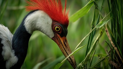 Close-up shot of a bird's head with bright red plumage, ideal for illustration or graphic design