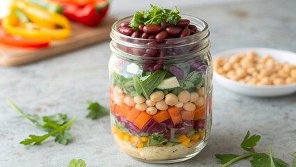 Colorful bean salad layered in a mason jar, perfect for a fresh and healthy meal on the go