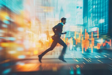 Dynamic businessman in motion with overlay of stock market trends and growth analytics