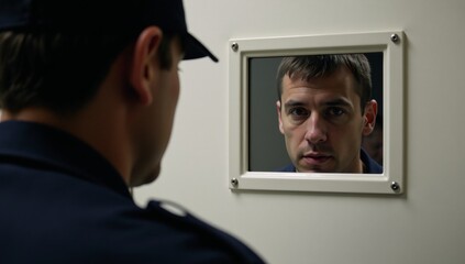 Officer observes inmate behind barred window emphasizing surveillance and vigilance of prison security