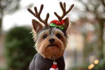 Naklejka premium A small dog wearing reindeer antlers on its head, great for holiday or winter themed images