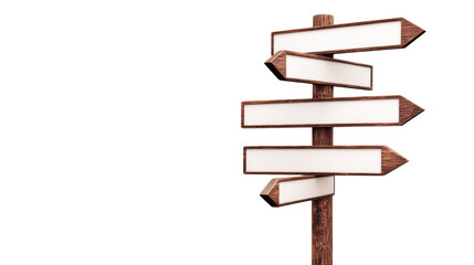 Empty multi-directional signpost with blank arrows, isolated on transparent background