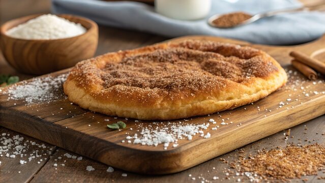 Golden brown beavertail pastry on a rustic wooden board surrounded by baking ingredients and garnishes