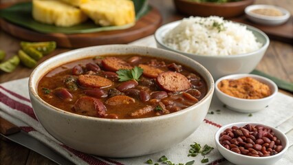 Delightful bowl of red beans from bandeja paisa with vibrant toppings and sides
