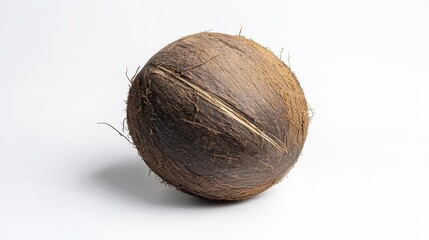 A whole coconut with its brown outer shell intact on a white isolated background