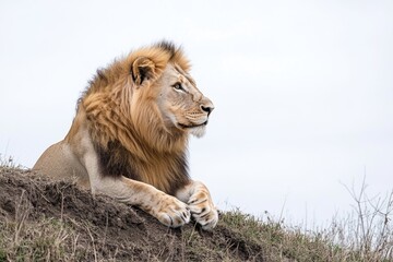 Obraz premium A lion sits atop a lush green hill, offering a serene view