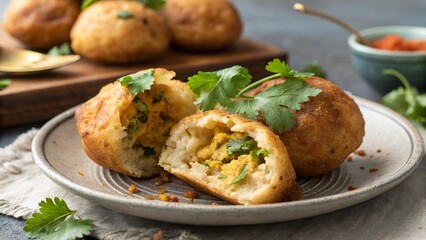 Crispy batata vada served on a rustic plate garnished with fresh coriander and accompanied by a colorful chutney on the side