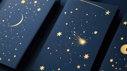 Fototapeta premium A collection of three cards featuring gold stars and a moon, suitable for use in designs related to positivity, motivation, or celestial themes