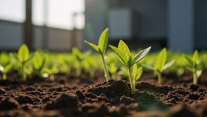 Close-up of sprouting young plants amidst an industrial backdrop symbolizing growth harmony between nature  industry and sustainability