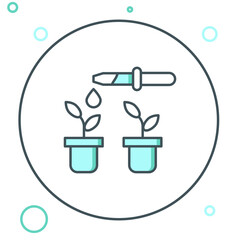 Obraz premium Line Drop of water drops from pipette on plant icon isolated on white background. Medical or agricultural experiments. Fertilizers and pesticides. Colorful outline concept. Vector
