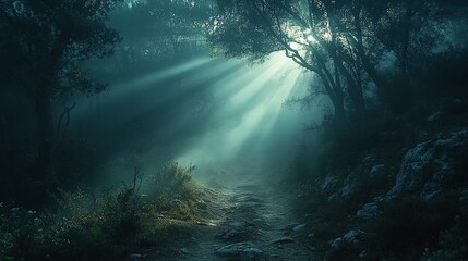 Fototapeta premium Mystical Forest Path Sunbeams Illuminate Foggy Trail