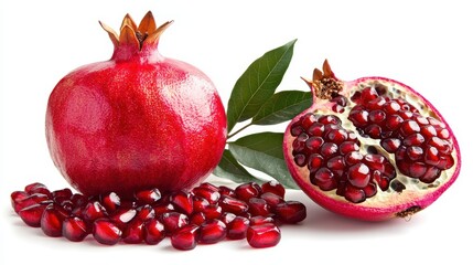 A whole pomegranate with its shiny red skin on a white isolated background