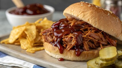 Deliciously tempting barbecue jackfruit sandwich overflowing with flavor and served with crispy chips