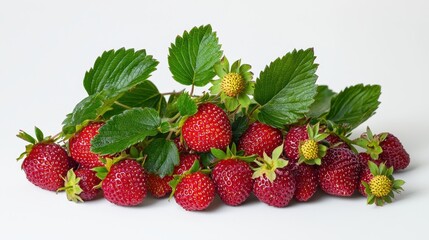 A handful of bright red strawberries with fresh green leaves on a white isolated background