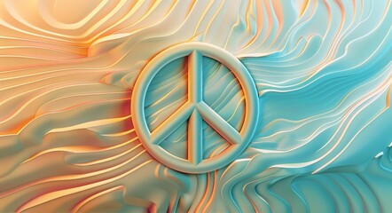 A peace sign is drawn on a blue and orange background. The peace sign is surrounded by a wavy, abstract background