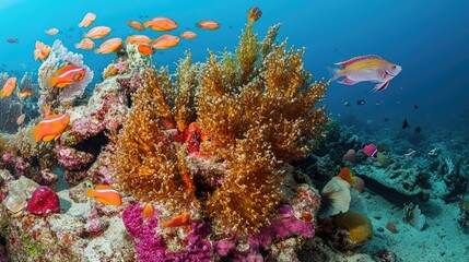 Obraz premium A school of fish swimming together around a vibrant coral reef, great for underwater or ocean-themed projects