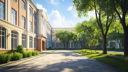 Obraz premium School building educational institution, college empty front yard with green trees, grass lawns, paving stones path, city architecture, place for studying, summer landscape Cartoon vector illustration