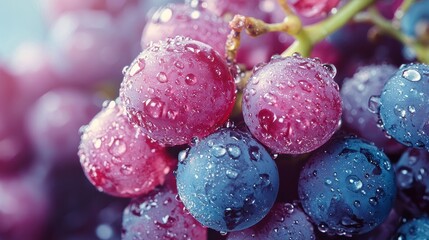 A bunch of ripe red grapes with dew drops on a white isolated background