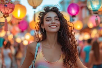 Students celebrate in lively street filled with vibrant lanterns and colors