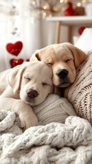 Two adorable puppies are snuggled together, resting comfortably on a warm, knitted blanket. The background features charming heart decorations, enhancing the cozy atmosphere