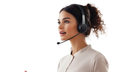 Female professional with headset, speaking and listening attentively, effective communication in a business context, isolated on transparent background