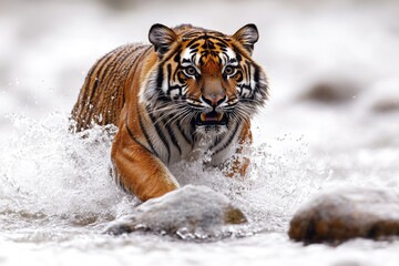 Obraz premium A tiger runs through the water with its fur glistening in the sunlight
