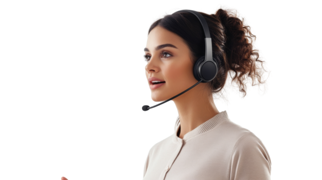 Female professional with headset, speaking and listening attentively, effective communication in a business context, isolated on transparent background