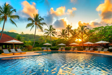 Obraz premium A lavish arrangement of chairs and umbrellas surrounds the resort's glistening outdoor pool in the morning.