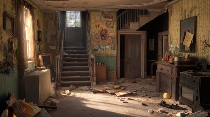 Old abandoned house with mess and broken furniture at night. Vector cartoon interior of empty home hallway with dirty walls, boarded up door, garbage, broken wooden staircase and crack in floor