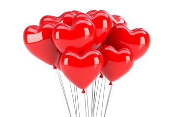 A cluster of shiny red heart-shaped balloons floating against white transparent background, symbolizing love and celebration of Valentine Day