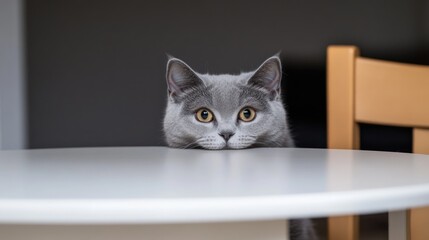 A domestic cat sits at a table, looking directly at the camera