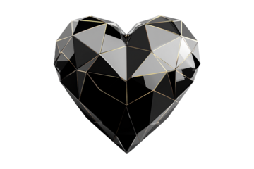 Geometric black heart with gold accents, angular patterns and smooth finish isolated on white transparent background. Concept of modern design and love