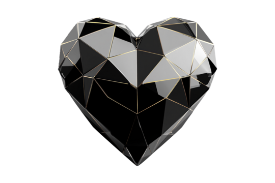 Geometric black heart with gold accents, angular patterns and smooth finish isolated on white transparent background. Concept of modern design and love