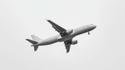 Fototapeta premium Sleek Airplane Flying Through Overcast Sky Above Urban Landscape