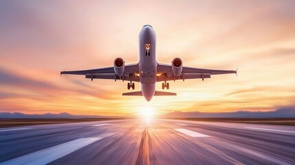 Fototapeta premium Majestic Airplane Taking Off at Sunset Over the Runway