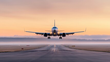Naklejka premium Airplane Landing at Dawn with Beautiful Sunrise Colors in Background