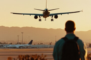 A man observes the departure of a commercial airliner from a bustling airport