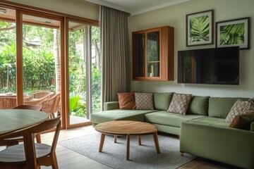 Contemporary minimalist living room with green accents and lush views of nature outside