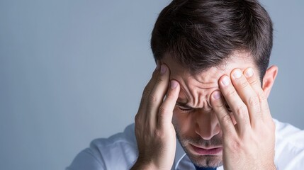 Fototapeta premium Man Expressing Stress and Anxiety with Hands on Head